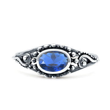 Petite Dainty Vintage Style Oval Thumb Ring Statement Fashion Simulated Blue Sapphire CZ 925 Sterling Silver